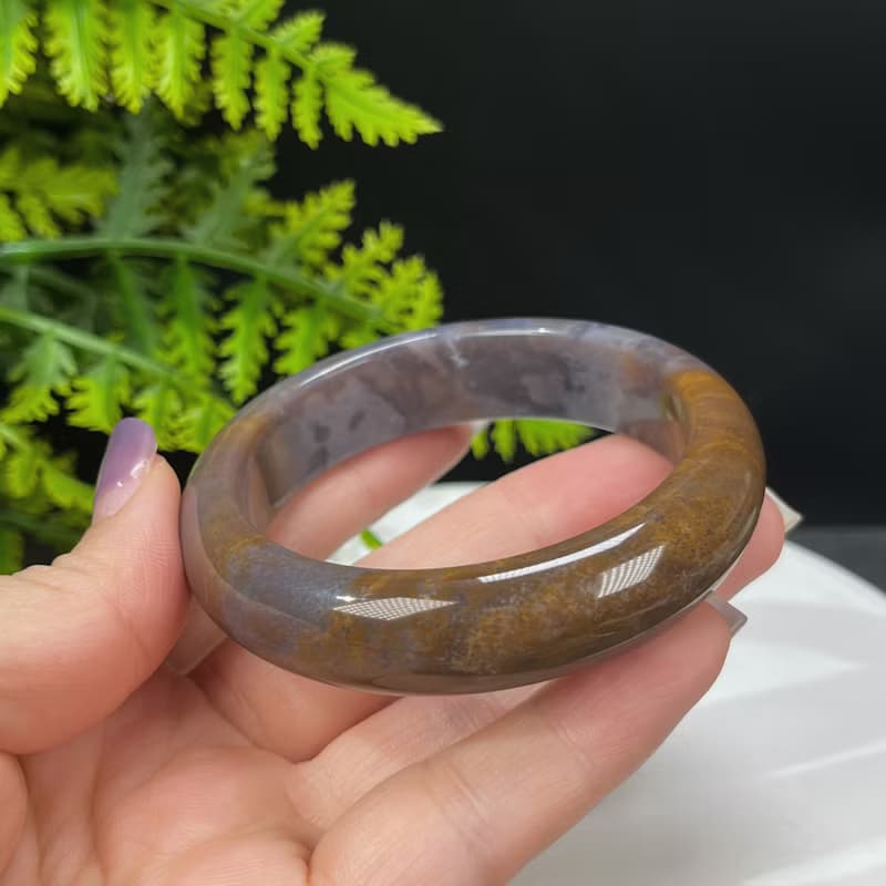 海洋碧玉手镯 55MM 玉化老料高瓷玉化 糖紫雙色玉髓手環 清新活潑