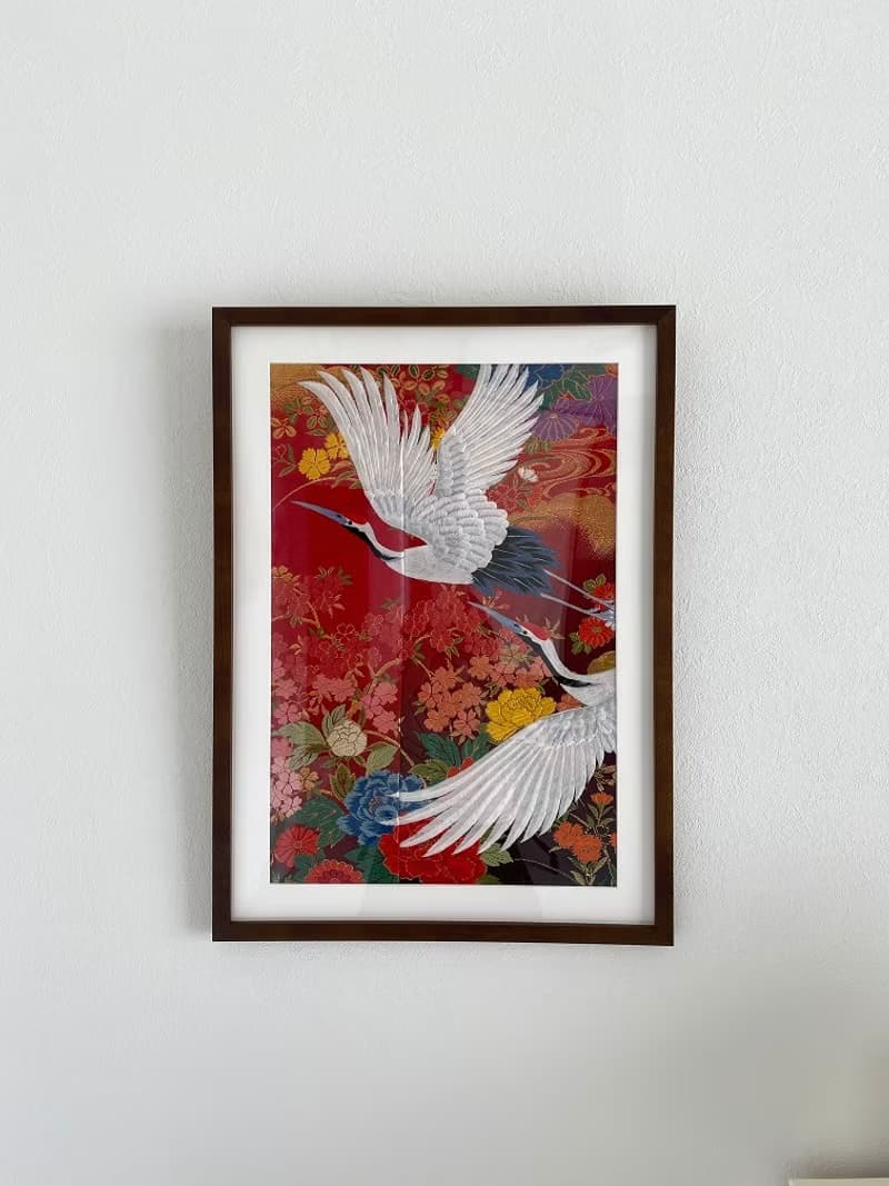 色打掛からつくるアートパネル　vintage 刺繍着物 和モダン 和風インテリア プレゼント 鶴 結婚祝 新築祝 長寿祝 縁起物 額装インテリア　額装96