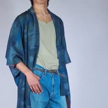 【日本製】 藍色絲綢和服、男女通用和服、和服禮服、和服長袍、