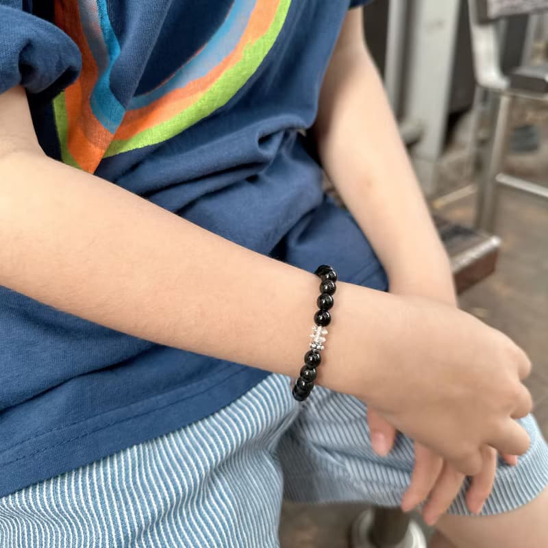 暗放光芒-黑曜石*白水晶兒童純銀手鍊/手工串珠