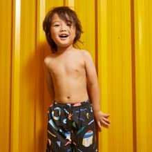 Beach Babe & Beach Boy : Baby & Adult Swim Trunks : NY Black Summer Printing
