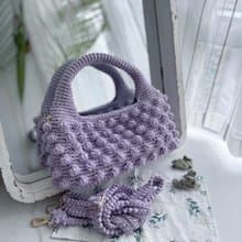 手工鉤織Popcorn 波波點手提袋單肩手袋薰衣草紫色針織鈎織編織手