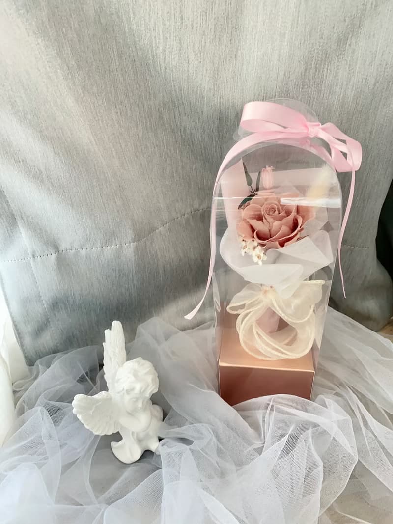 天使永生玫瑰花盒 單支花束 奶茶色 生日 禮物 永生花