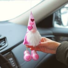 Handmade pink gnome. Cute car accessory. Valentines car mirror decor. Lover gift
