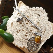 Silver Branch Mustard Yellow Olive Agate Acorn Pine Cone Leaf Brooch Pin Jewelry