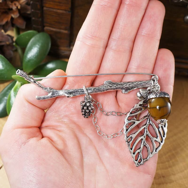 Silver Branch Mustard Yellow Olive Agate Acorn Pine Cone Leaf Brooch Pin Jewelry