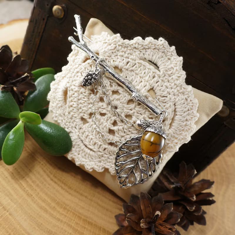 Silver Branch Mustard Yellow Olive Agate Acorn Pine Cone Leaf Brooch Pin Jewelry