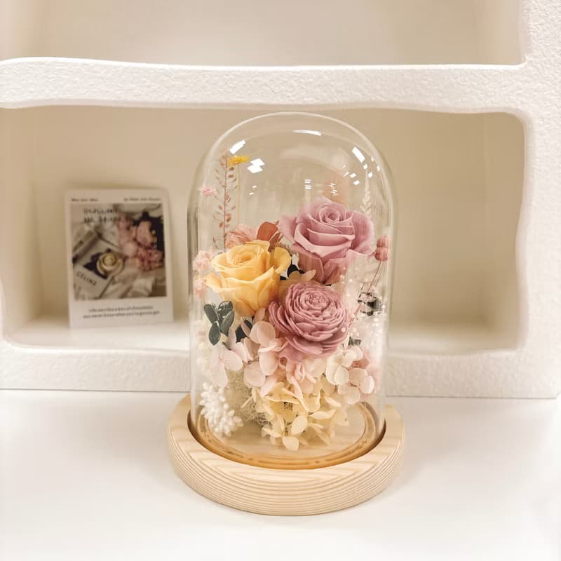 永生花夜燈玻璃罩-粉黃系 擴香 開幕 生日禮物 yuflorist