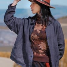 紫色/咖啡色 亞麻雙層植物染外套 小翻領毛邊休閒慵懶小西裝