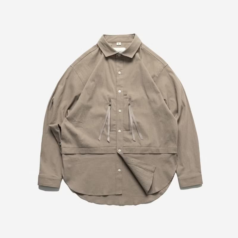 Wide Spread Collar Shirt長袖寬松襯衫 卡其色 皺褶布料