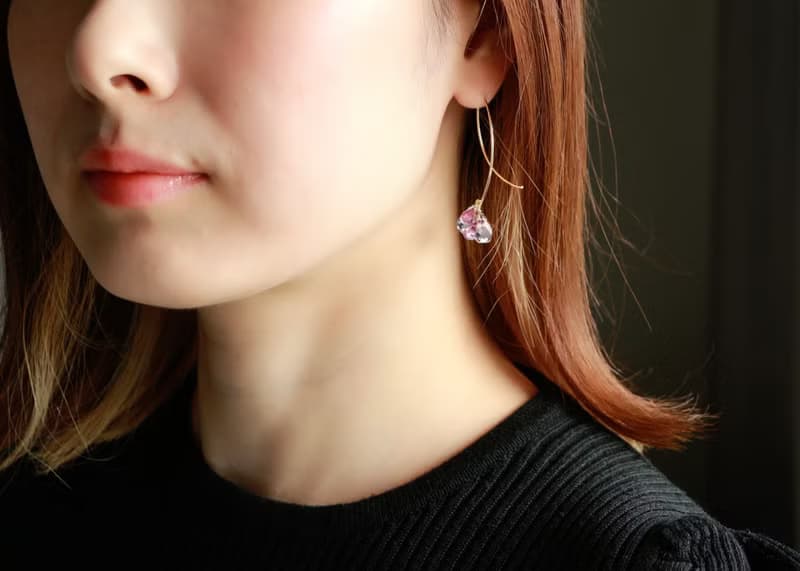 14kgf-pink chilly tears pierced earrings & short necklace(ajustable chain)
