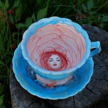 藍色陶瓷杯碟 手工茶具 內有仙花