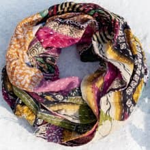 手縫紗麗布拼接絲巾/刺繡絲巾/刺繡圍巾/手縫紗麗線絲巾-珍奶風