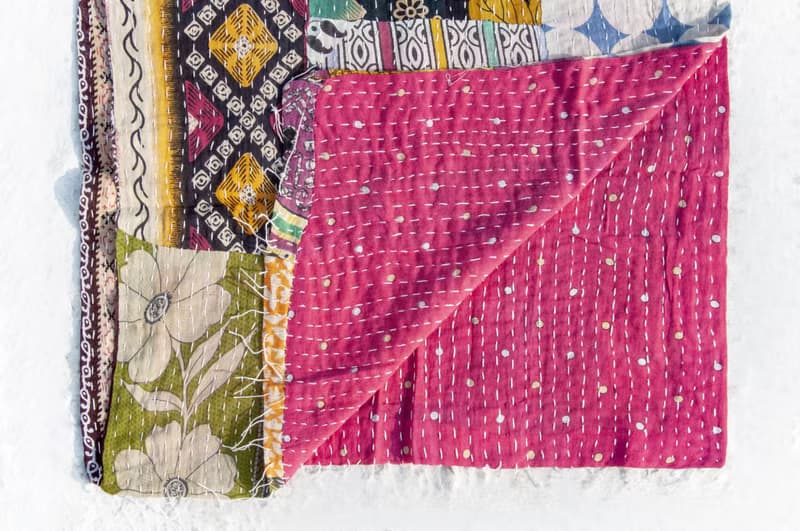 手縫紗麗布拼接絲巾/刺繡絲巾/刺繡圍巾/手縫紗麗線絲巾-珍奶風