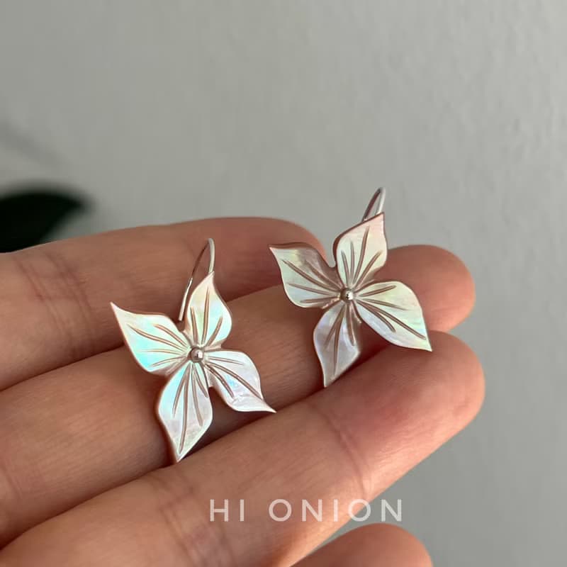 Hi Onion原創小眾設計復古花朵耳環S925銀耳鉤新中式耳夾春夏個性