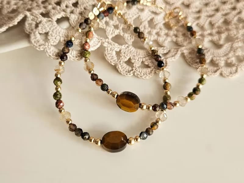 復古虎眼石大地色系天然石手鍊 14kgf|質感|優雅|通勤|日常配戴