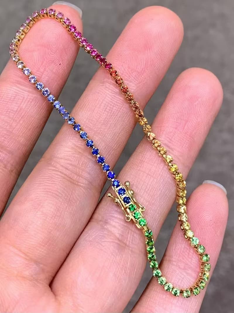 祈福五色繩護身符彩虹彩色藍寶石手鍊幸運九紫離火運18k金手鍊