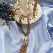 金色多鍊珍珠小瀑布流蘇項鍊/復古珠寶首飾vintage西洋古董飾品