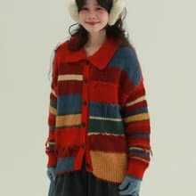 紅色 復古調色盤 彩虹拼接布條毛衣 撞色條紋百搭針織上衣