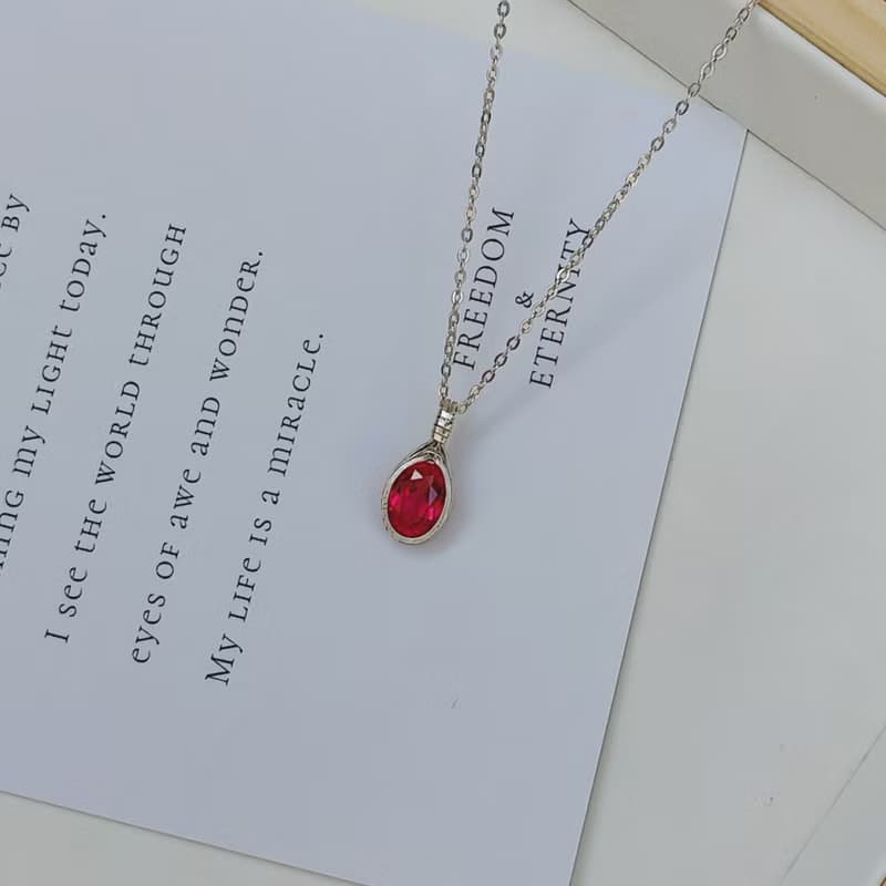 刻面紅寶石吊墜 切面紅寶石項鍊 手工純銀天然石項鍊 生辰石禮物