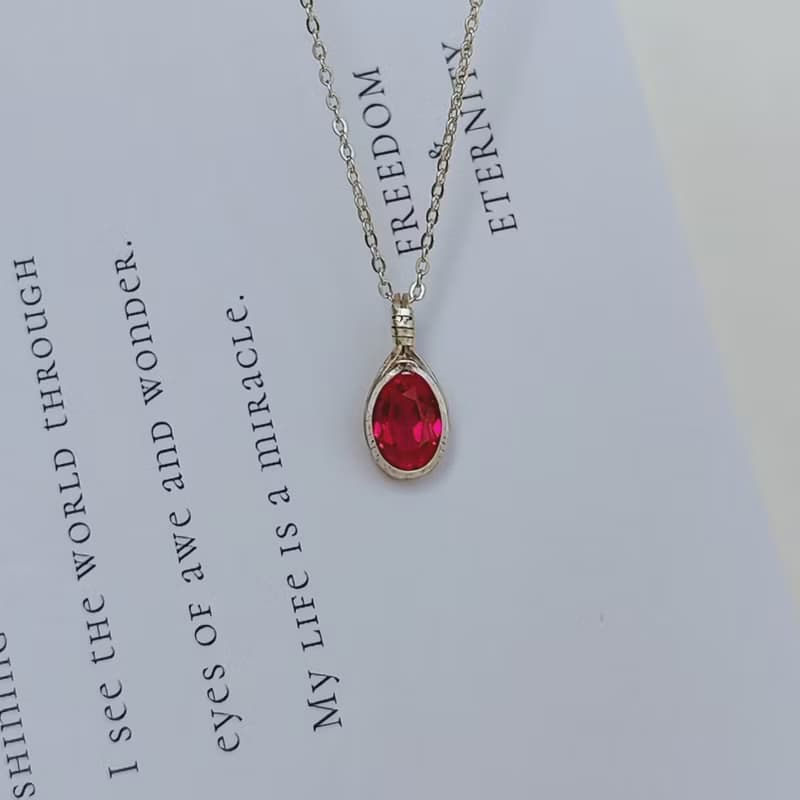 刻面紅寶石吊墜 切面紅寶石項鍊 手工純銀天然石項鍊 生辰石禮物