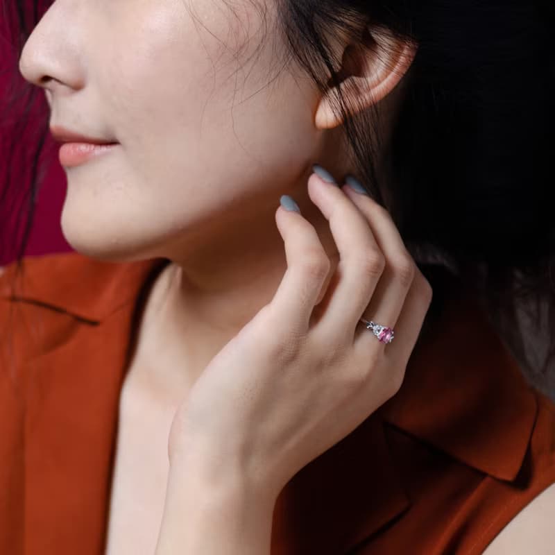 粉紅碧璽925純銀戒指 | 天然寶石純銀鑲鑽玫瑰碧璽水晶可調節指環