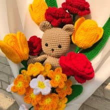 Crochet Teddy brown Bear with Tulip Rose and Forget me not Flower Bouquet