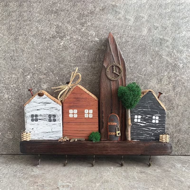 Wooden Pine Wall Key Holder Houses 5 Hooks Internal Hook Attachment