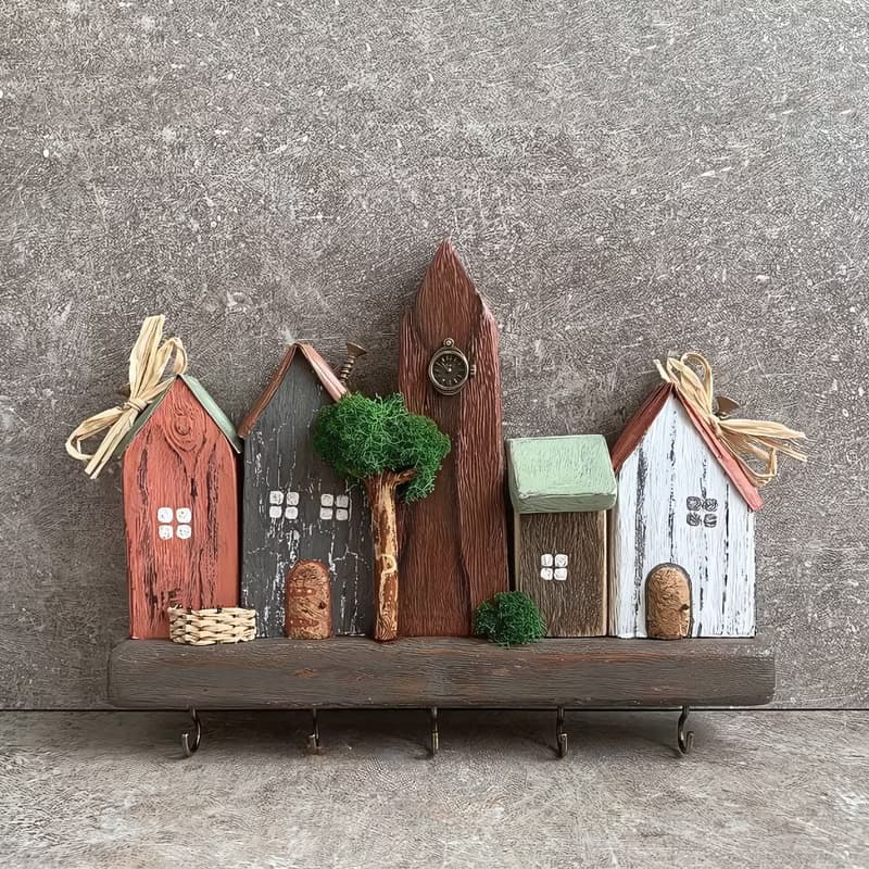 Wooden Pine Wall Key Holder Houses 5 Hooks Internal Hook Attachment