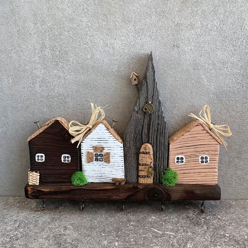 Wooden Pine Wall Key Holder Houses 5 Hooks Internal Hook Attachment