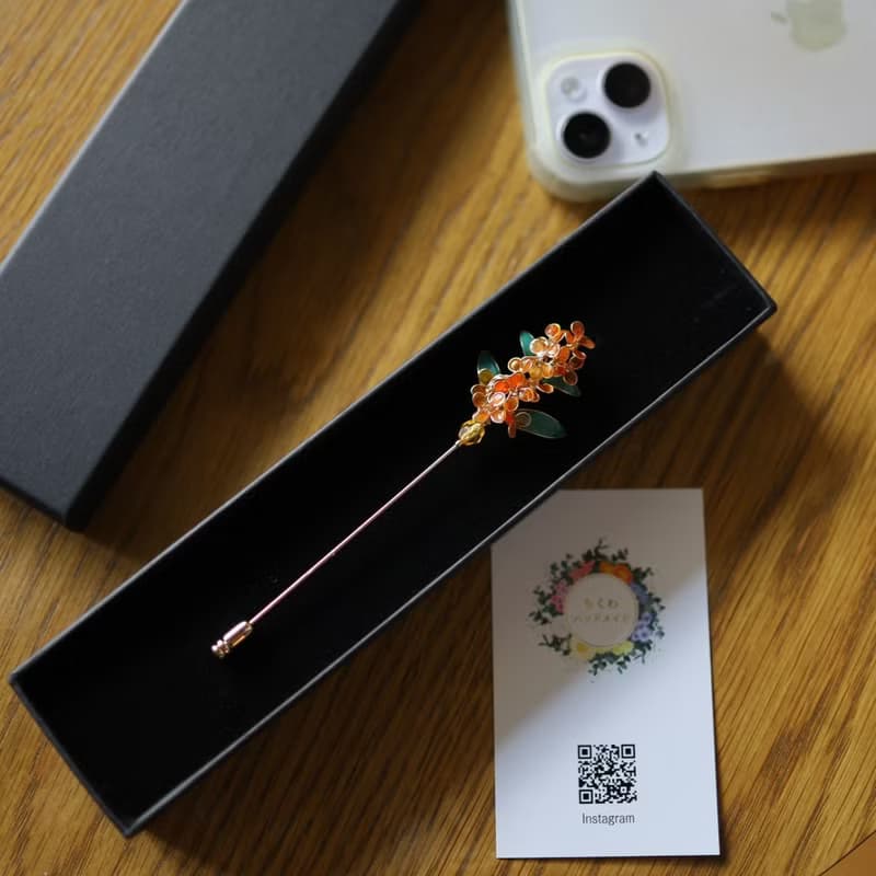 3way　金木犀と葉っぱのブローチ　ハットピン　ラペルピン　ストールピン