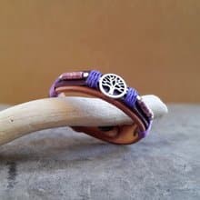 Silver Tree of Life Leather Bracelet with Purple Dalmatian Jasper Barrel Beads