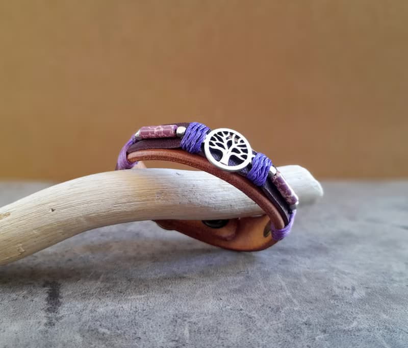 Silver Tree of Life Leather Bracelet with Purple Dalmatian Jasper Barrel Beads