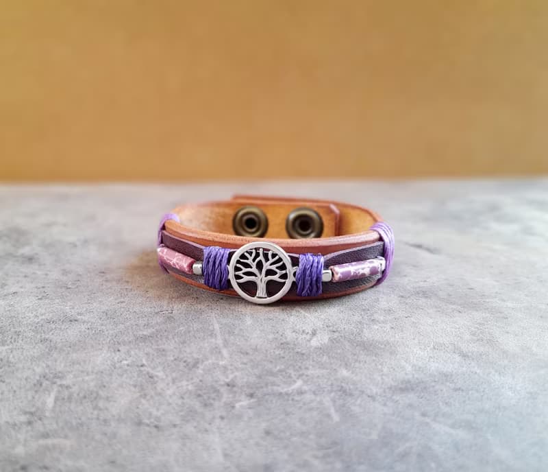 Silver Tree of Life Leather Bracelet with Purple Dalmatian Jasper Barrel Beads