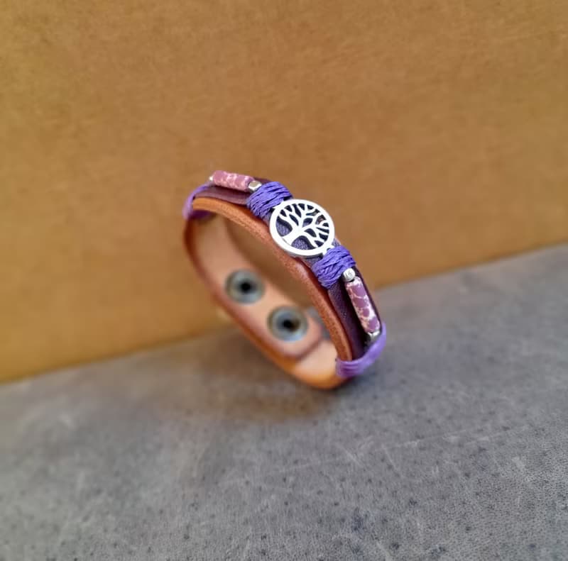 Silver Tree of Life Leather Bracelet with Purple Dalmatian Jasper Barrel Beads
