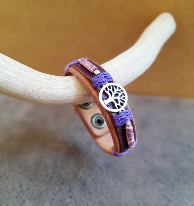Silver Tree of Life Leather Bracelet with Purple Dalmatian Jasper Barrel Beads
