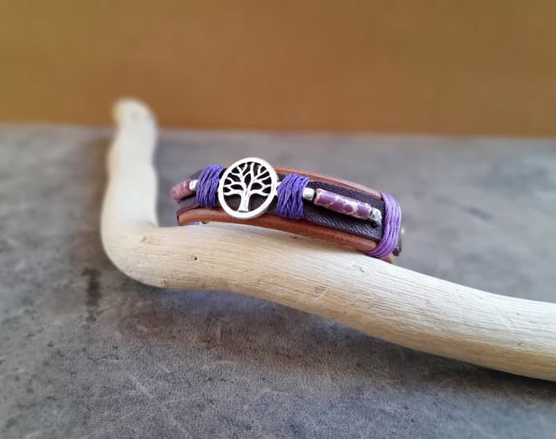 Silver Tree of Life Leather Bracelet with Purple Dalmatian Jasper Barrel Beads