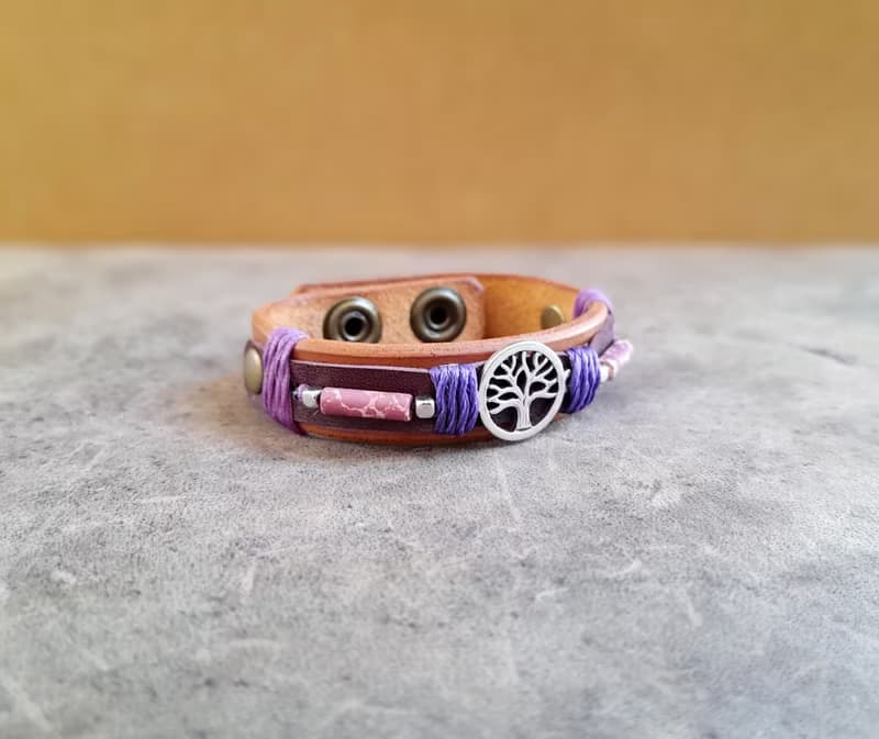 Silver Tree of Life Leather Bracelet with Purple Dalmatian Jasper Barrel Beads