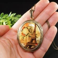 Eiffel Tower Paris Photo Locket Porcelain Cameo Yellow Pendant Necklace Jewelry