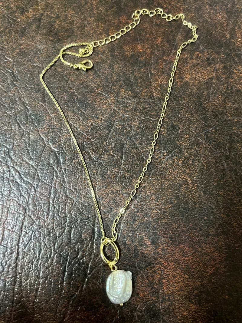 扁扁餅乾 珍珠 巴洛克 珍珠 項鍊 鍍14k 珍珠 項鍊Pearl Necklace
