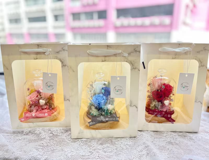 永生花玫瑰鑽石頂玻璃瓶 (浪漫粉紅) 日本花材