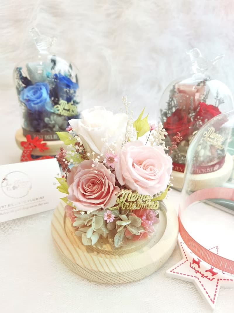 永生花玫瑰鑽石頂玻璃瓶 (浪漫粉紅) 日本花材