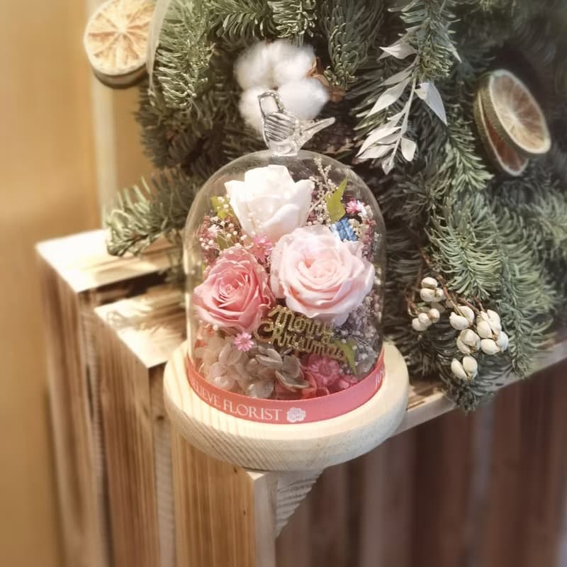 永生花玫瑰鑽石頂玻璃瓶 (浪漫粉紅) 日本花材
