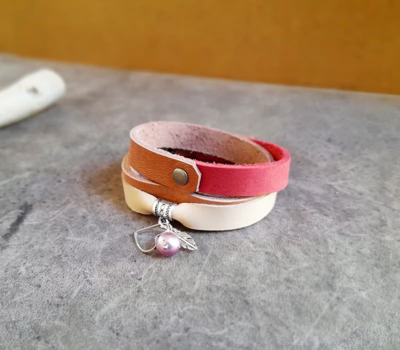 Leather Wrap Bracelet with Dangling Heart Charm and Natural Purple Pearl