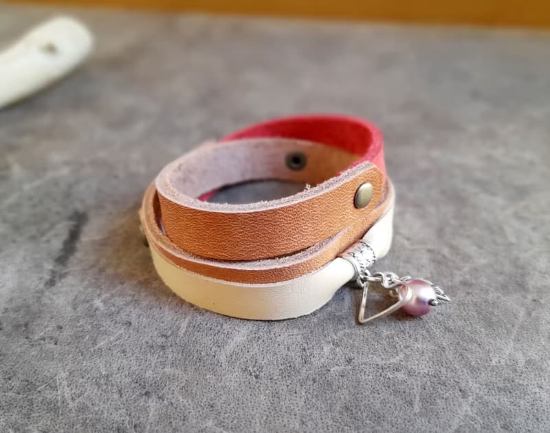 Leather Wrap Bracelet with Dangling Heart Charm and Natural Purple Pearl