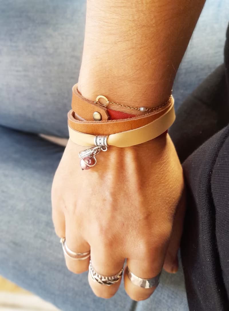 Leather Wrap Bracelet with Dangling Heart Charm and Natural Purple Pearl