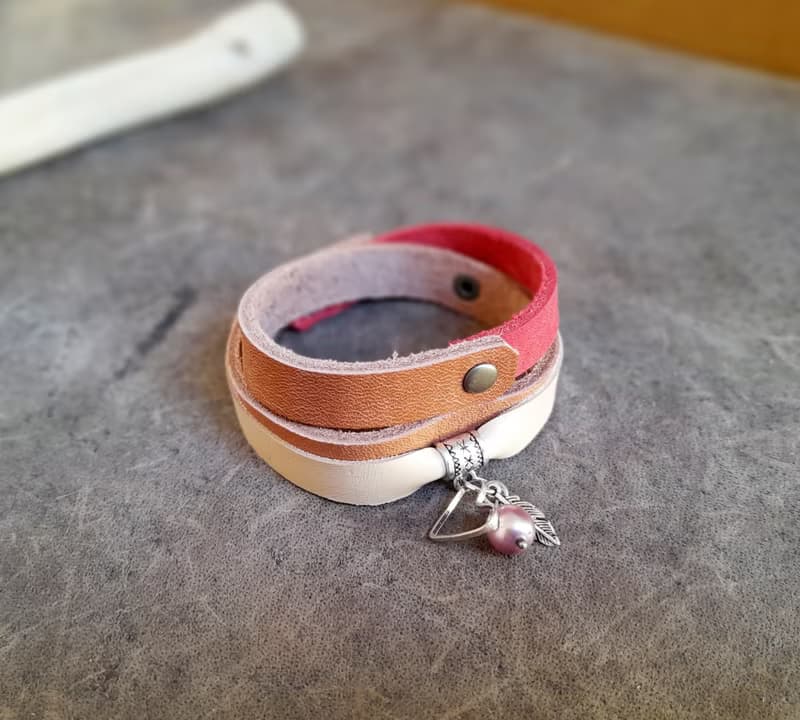 Leather Wrap Bracelet with Dangling Heart Charm and Natural Purple Pearl