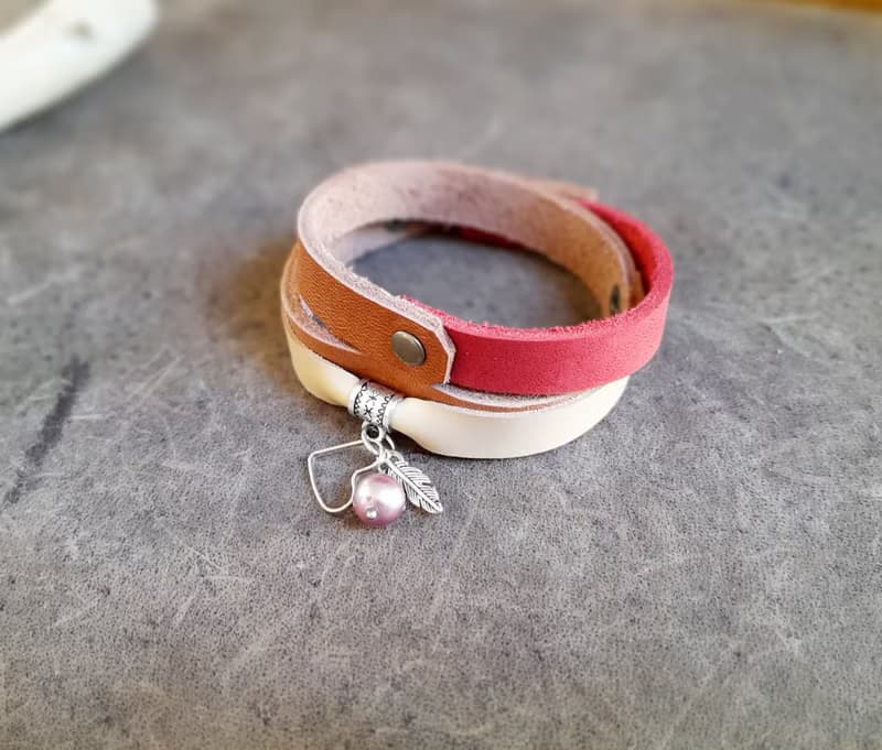 Leather Wrap Bracelet with Dangling Heart Charm and Natural Purple Pearl