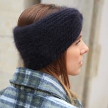 Angora headband. Twist knitted ear warmer. Fluffy head wrap. wide black headband
