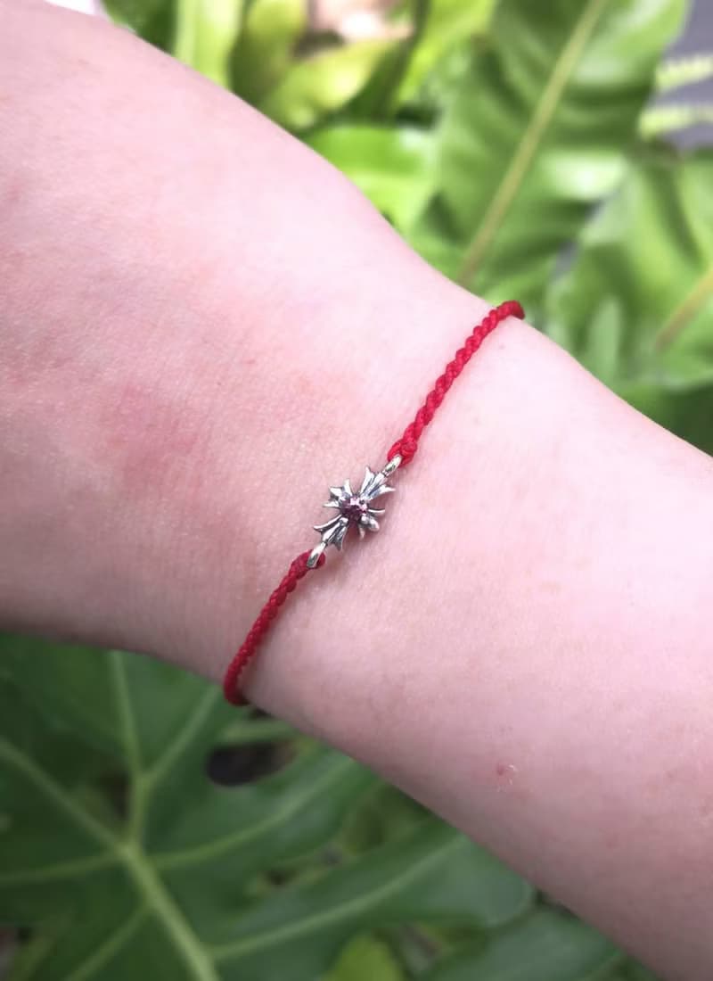 限量天然 紫紅色 藍寶石 手編蠟繩/紅線 925純銀十字架手鍊